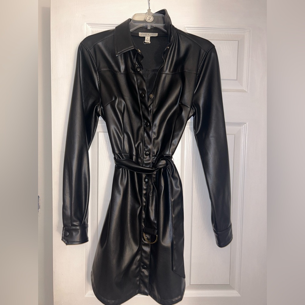 Black Leather Long Sleeve Mini Dress with belt